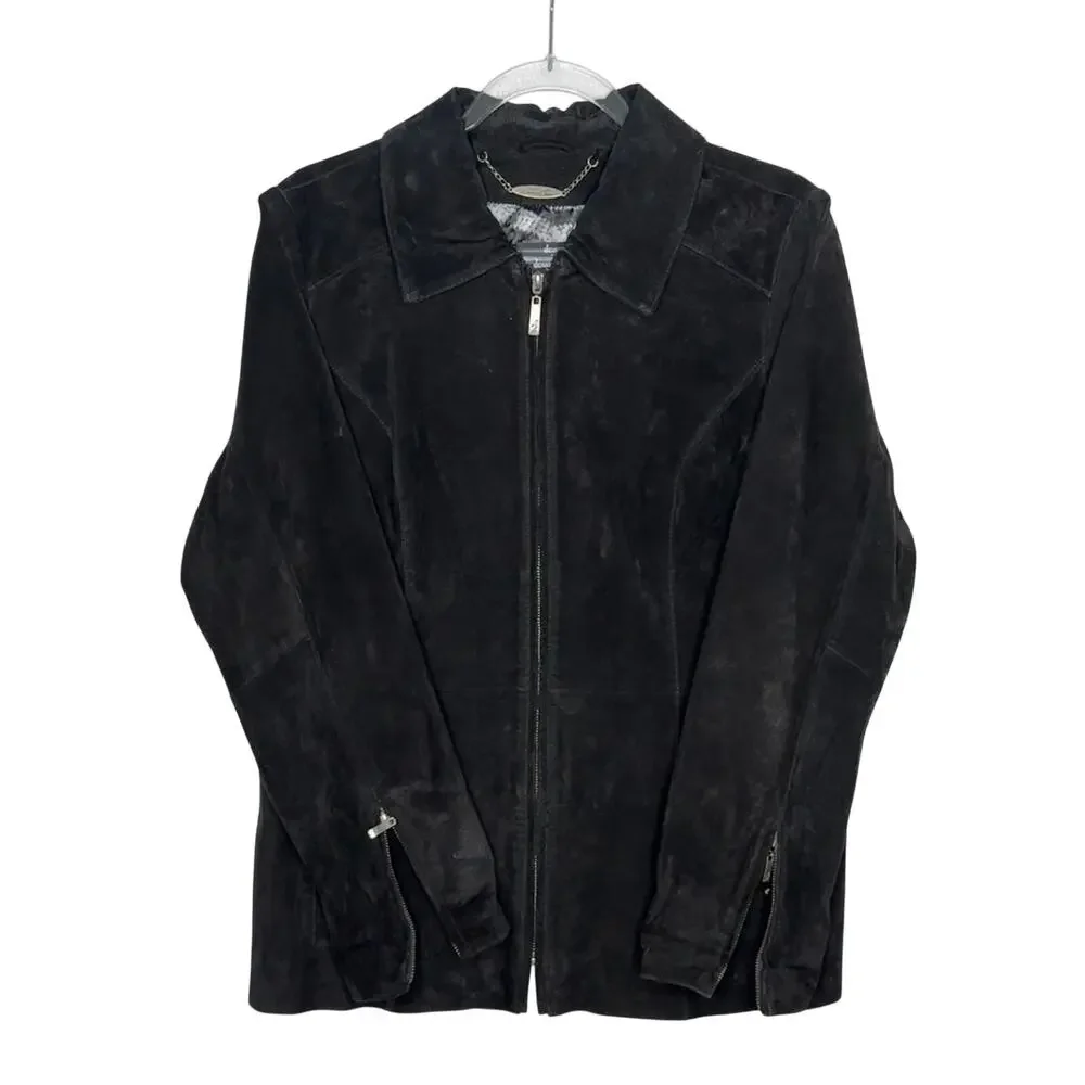 2000s Dennis Basso Washable Black Suede Leather Jacket zippered Cuffs Medium